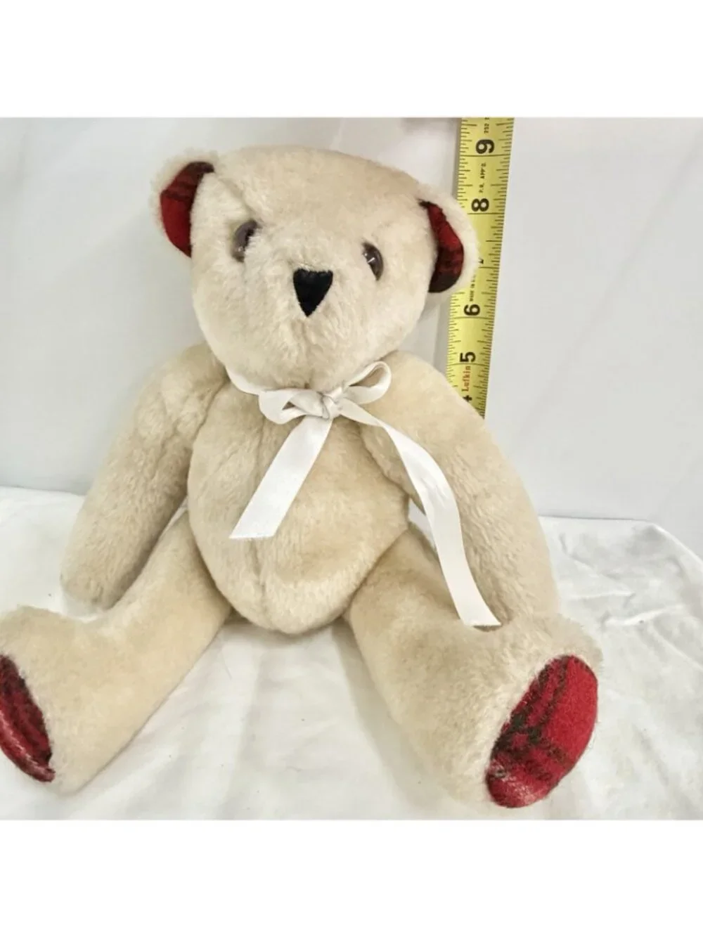 The Vermont Teddy Bear Co Classic Plush Teddy Bear Cream Red Plaid Ears USA Made